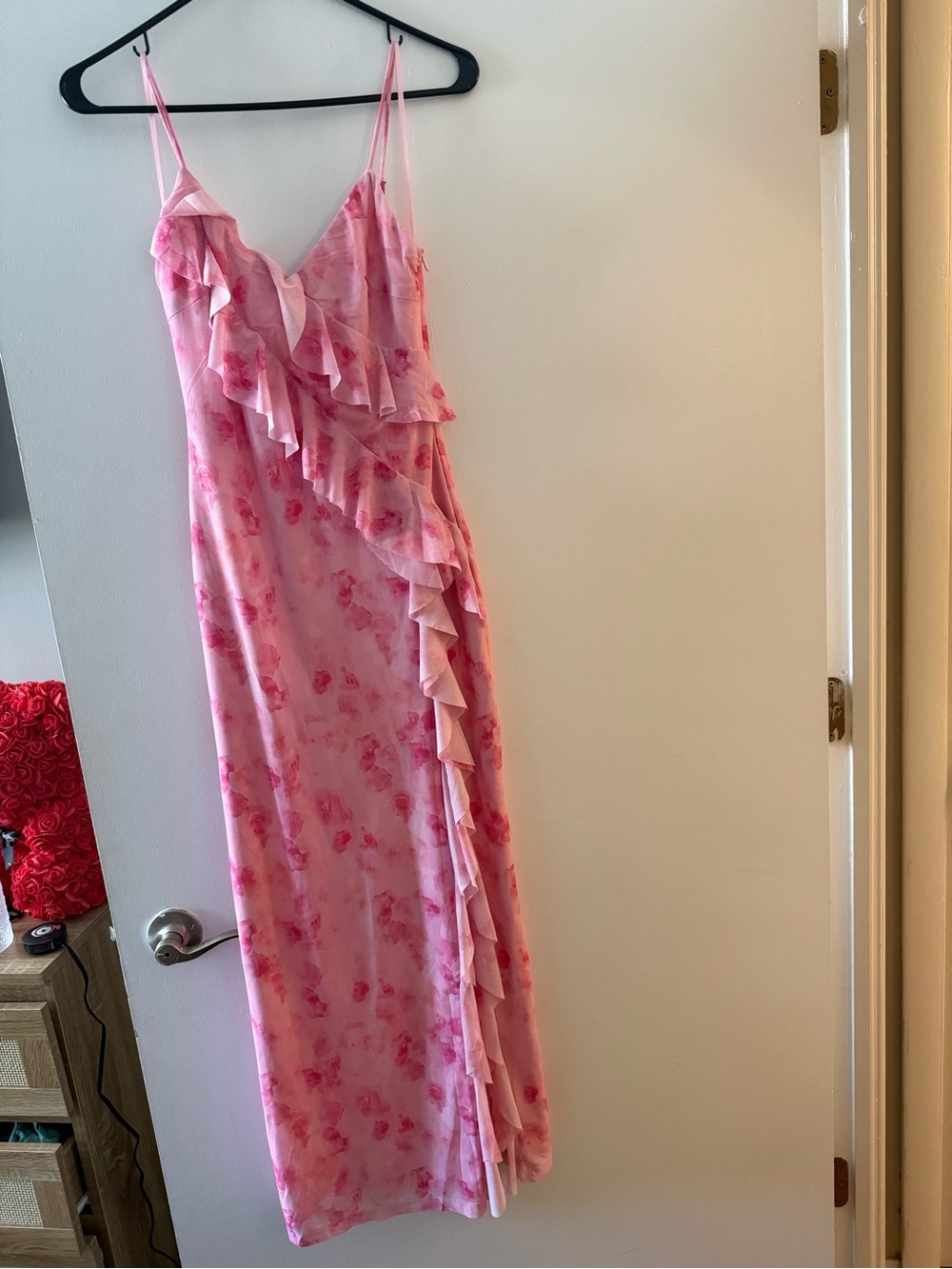 Pink Floral Ruffle Maxi Dress - Sleeveless Slip Style